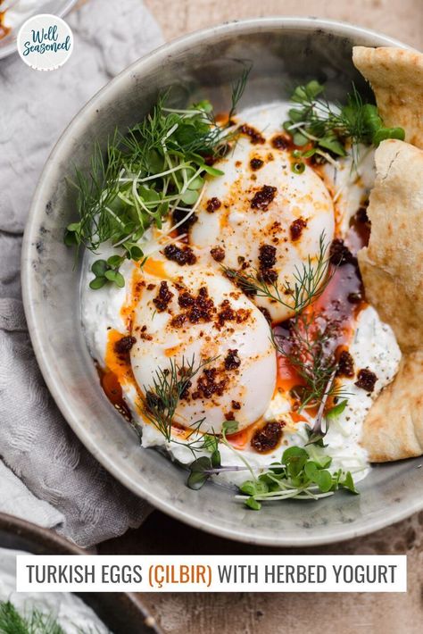 Cilbir, or Turkish eggs, are poached eggs nestled on top of a garlicky yogurt, drizzled with a spiced melted butter. Think creamy, savory, and heat. Those are the 3 words that come to mind! This is a quick and spicy meal to serve at your next brunch outing. #breakfast #brunch #poachedeggs Turkish Eggs, Over Easy Eggs, Easy Eggs, Breakfast Sandwiches, Turkish Food, Savory Breakfast, Favourite Food, Turkish Recipes, Seasoning Recipes