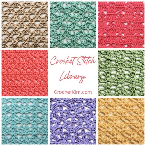 Over 30 Fabulous Free Crochet Lace Stitches: CrochetKim Crochet Stitch Library | CrochetKim™ Crochet Stitches Diagram, Crochet Stitches Free, Crochet Knit Stitches, Crochet Lace Pattern, Crochet Unicorn, Crochet Stitches Tutorial, Crochet Instructions, Crochet Stitches Patterns, Card Patterns