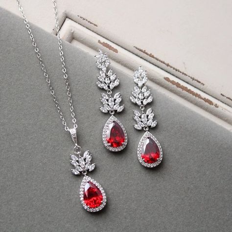 Silver Red Bridal Earring and Necklace Set CZ Crystal Drop Earrings Wedding Earrings Vintage Style Wedding Jewelry Set Ruby Red Art Deco - Etsy UK Crystal Drop Earrings Wedding, Red Art Deco, Red Ruby Earrings, Wedding Earrings Vintage, Drop Earrings Wedding, Red Earrings Stud, Earring And Necklace Set, Bridal Earring, Red Studs