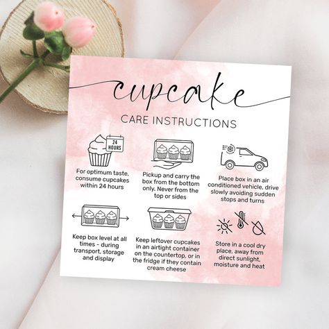 Feminine Pink Cupcakes Care Card with elegant script font and care icons. This elegant blush pink watercolor bakery care and storage instructions card includes cupcakes care information, a thank you note and space for your logo and business details. A stylish addition to your cupcake bakery packaging design. Cupcake Care Instructions Card, Bakery Planner, Bake Business, Cake Business Plan, Baking Business Cards, Cupcake Business Cards, Watercolor Bakery, Dessert Business, Pink Bakery