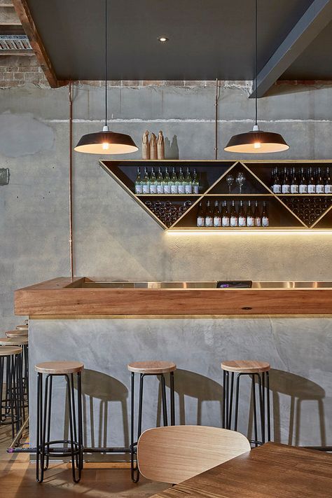 Concrete And Wood Interior, Wood And Concrete Interior, Asian Restaurant Design, Bedside Table Shelf, Timber Stool, Resturant Interior, Wood Bar Top, Concrete Bar, Brewery Bar