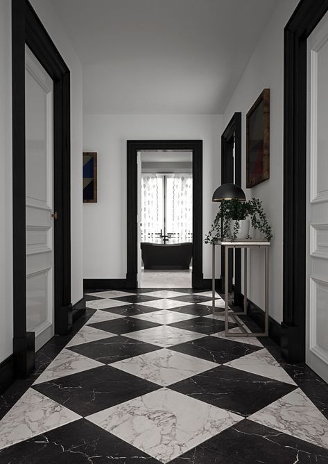 Lapicida’s beautiful new Antique Marble Porcelain combines the authentic look and feel of reclaimed natural marble with the durability and easy installation of porcelain tiles.  If you are looking for a classic black and white chequerboard floor or wall, it’s a clever way to get the look at a very affordable price. Here, Lapicida’s Antique Marble Porcelain Collection, Nero Marquina combines with Arabescato to create a contemporary geometric look. Antique Floor Tiles, Black And White Entrance Tiles, Marble Black And White Floor, Black And White Porcelain Floor Tile, Chequerboard Floor Bathroom, Black And White Tiled Floor, Black And White Tiles Hallway, Black And White Foyer, Black And White Marble Tile