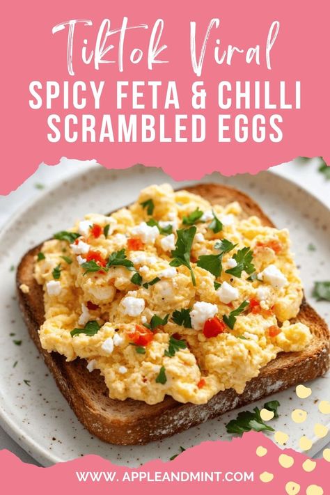 Easy and healthy recipe for fluffy feta and chilli scrambled eggs Feta Breakfast Recipe, Unhealthy Breakfast Food, Chilli Scrambled Eggs Recipe, Healthy Breakfast Scramble, Chilli Eggs, Scrambled Egg Recipes, Healthy Food Grocery List, Feta Breakfast, Feta Eggs