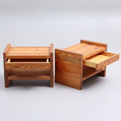 BEDSIDE TABLES, a pair, pine, 1970s. Japanese Bedside Table, Beachside Cabin, Homemade Desk, Japan Furniture, Cabin Plan, Wood Furniture Design, Wood Furniture Diy, Cabin Plans, Bedside Tables