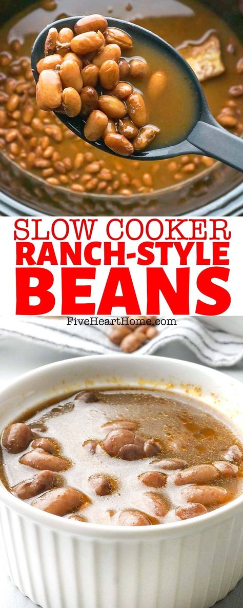 Ranch Style Beans ~ this effortless dried pinto beans recipe is slow cooked in the crock pot for a simple, versatile, delicious side dish of ranch beans, perfect with burgers or BBQ! | FiveHeartHome.com via @fivehearthome Ranch Beans, Ranch Style Beans, Pinto Bean Recipes, Chicken Noodle Soup Crock Pot, Crockpot Breakfast Casserole, Pinto Bean, Crockpot Dessert Recipes, Slow Cooker Stew, Quick Side Dishes