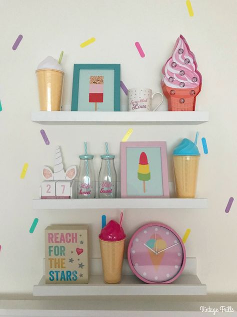 The Ice Cream Theme – Lila’s Room Makeover Part One Ice Cream Room Decor, Ice Cream Themed Bedroom, Ice Cream Bedroom, Sprinkle Wall, Cream Bedroom Decor, Ice Cream Nursery, Fantasy Bedroom Ideas, Candy Themed Bedroom, Girls Bedroom Themes