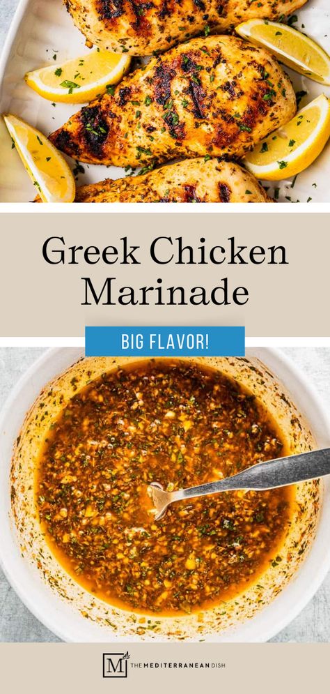 Two pictures of Greek Chicken Marinade, one in a white bowl the other on the chicken Greece Chicken Recipes, Spicy Greek Chicken, Greek Seasoning For Chicken, Authentic Greek Chicken Marinade, Medditeranean Chicken Marinade, Greek Chicken Thigh Marinade, Mediterranean Marinade For Chicken, Greek Style Chicken Breast, Baked Greek Chicken Breast