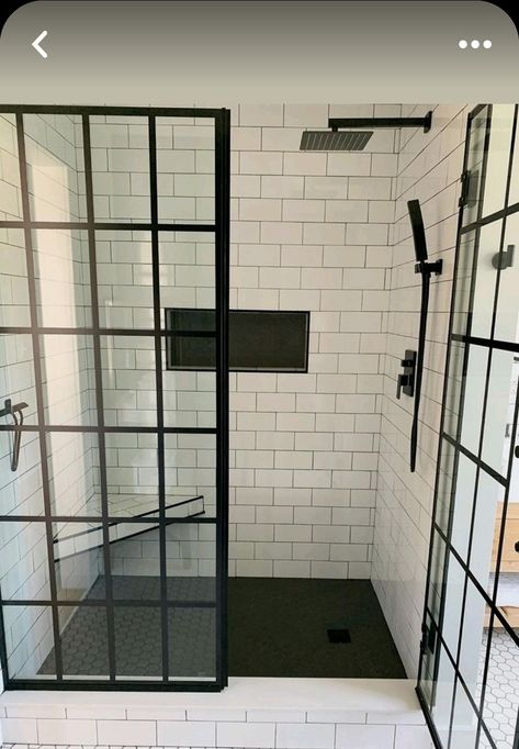 Corner Shower Doors, Black Tile Bathrooms, Black And White Bathroom, Modern Remodel, Glass Shower Door, Narrow Bathroom, Master Shower, Master Bath Remodel, Bathroom Renos