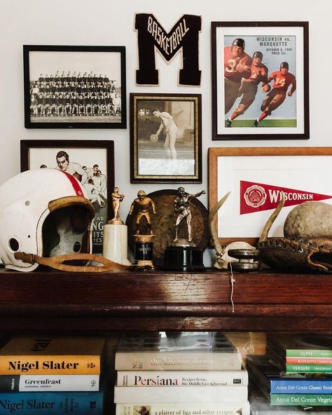 Walker’s Point Italianate on Instagram: “For all the sports we never played. #pastimperfect #patinadecor #vintagedecor #objectsasart #italianate #oldhouselove #interiordesign…” Vintage Sports Room, Vintage Sports Nursery, Vintage Sports Decor, Sport Bedroom, Toddler Boys Room, Sports Room, Sports Decorations, Big Boy Room, Decoration Inspiration