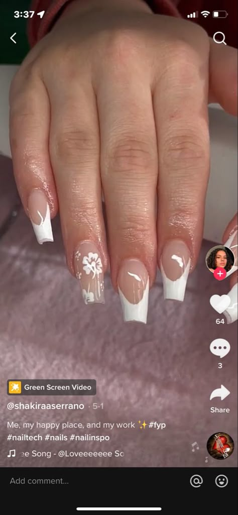 coconut girl nails Coconut Nails Acrylic, Hawaii French Nails, Cute Acrylic Nails For Hawaii, Summer Acrylic Nails Hawaii, Acrylic Nails With Oranges Fruit, Hawaii Nail Inspiration, White French Tips With Hibiscus, French Tip Nails With Simple Design, Nails Hawaiian Designs