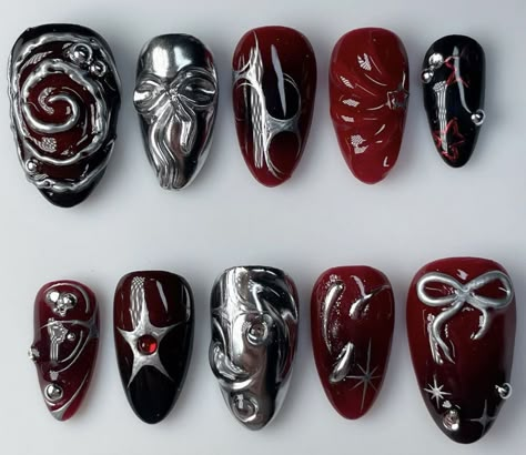 Red And Silver Nails, Blood Nails, Punk Nails, Gothic Nails, Goth Nails, Grunge Nails, Simple Acrylic Nails, Manicure Y Pedicure, Fire Nails