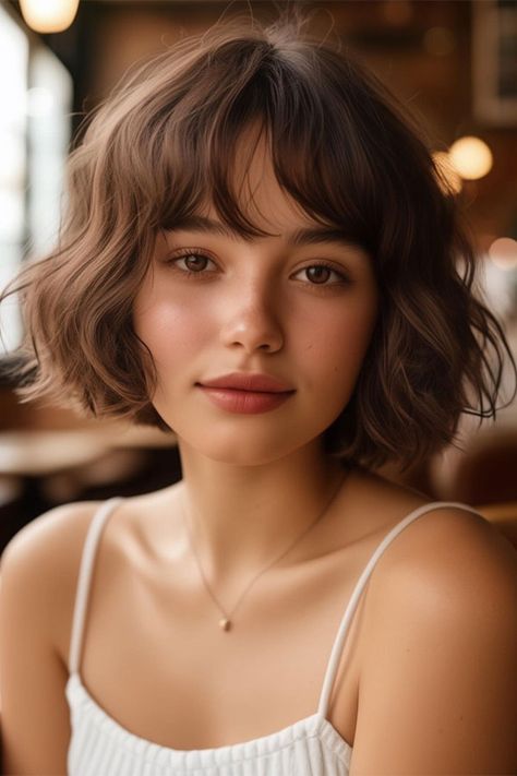 Bob And Bangs Round Face, French Bob Haircut Square Face, Short Hair Bangs Curly, Korean Bob Cut With Bangs, Bangs Haircut For Round Face, Short Textured Bob With Bangs, Parisian Bob Round Face, French Bob Haircut Round Face, French Bob Round Face