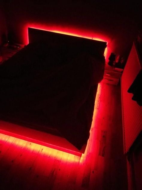 Red Lights Bedroom, Led Lights Bedroom Aesthetic, Dark Bedroom Aesthetic, Led Lights Bedroom, Red Room Decor, Neon Bedroom, Led Beds, Led Lighting Bedroom, Lights Bedroom