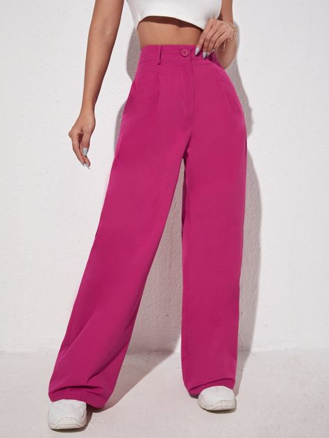 Solid Wide Leg Pants Pink Trousers Outfit, Magenta Pants, Pink Wide Leg Trousers, Wide Leg Trousers Outfit, Pink Pants Outfit, Hot Pink Outfit, Hot Pink Pants, Wide Leg Pants Outfit, Trouser Outfit