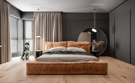 HUSKY apartment on Behance Bright Decor, Mirror On The Wall, Contemporary Furniture Design, Modern Bedroom Design, Bedroom Layouts, Furniture Layout, Home Room Design, Luxurious Bedrooms, 인테리어 디자인