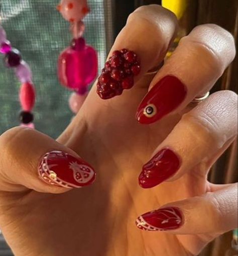 @abajifaji on insta Pomegranate Nail Design, Pomegranate Nail Art, Pomegranate Nails, Food Nails, May Nails, Winter Fruit, Nails 2024, Short Nail Designs, Short Nails