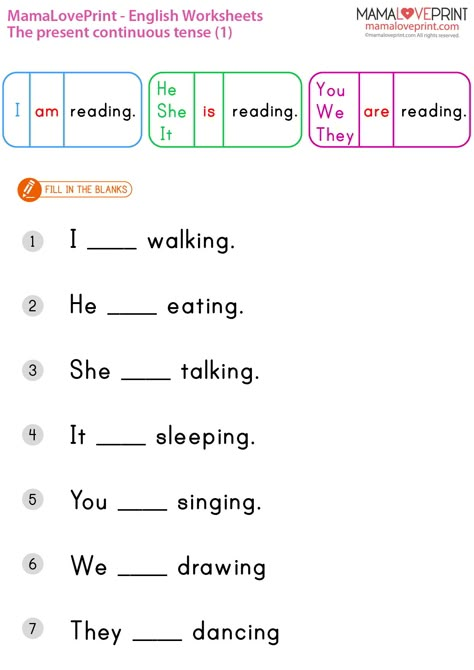 MamaLovePrint . Grade 1 English Worksheets . Basic Grammar (Present Continuous) PDF Free Download Grade 1 English Worksheets, Basic English For Kids, Present Continuous Worksheet, First Grade Reading Comprehension, Worksheets For Class 1, Present Continuous Tense, English Grammar For Kids, English Worksheets For Kindergarten, Present Continuous