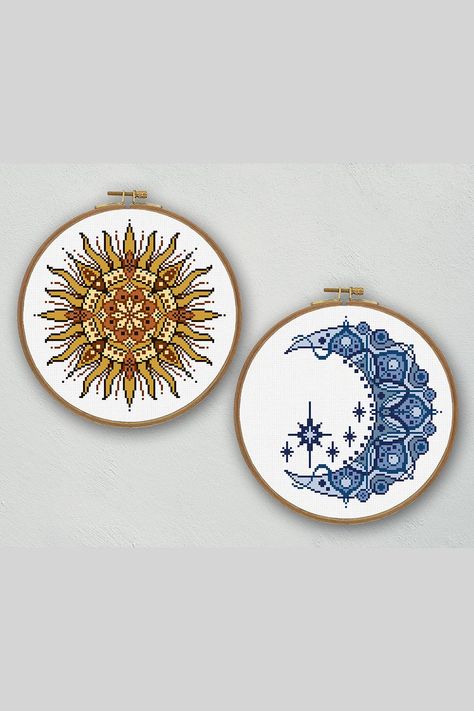 Set of Moon and Sun cross stitch pattern Cross Stitch Celestial, Intricate Cross Stitch, Cross Stitch Patterns With Color Chart, Sun And Moon Cross Stitch Pattern, Celestial Cross Stitch Patterns, Embroidery Sun And Moon, Astrology Cross Stitch, Celestial Cross Stitch, Black Aida Cross Stitch