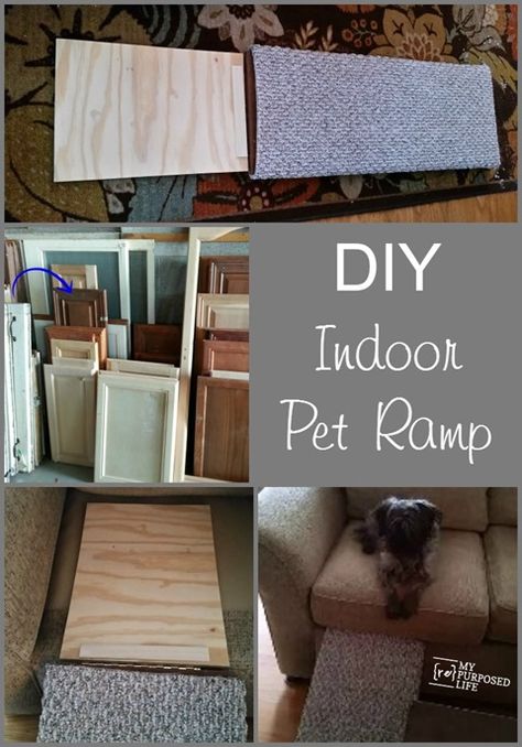 This pet ramp is easy and inexpensive, using a cabinet door and scrap plywood.  This site tells you how to make your own step by step. It will be perfect for my old furbaby. Dog Ramp Diy, Cat Ramp, Dog Ramp For Bed, Pet Ramp, Dog Stairs, Pet Stairs, Dog Ramp, Pet Steps, Dog Steps