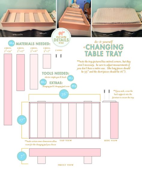 Some of you have requested details on a do-it-yourself changing pad tray, which is a great option if you choose to use a dresser, chest, or … Changing Table Tray, Diy Changing Table, Lay Baby Lay, Baby Nursery Diy, Changing Table Pad, Baby Changing Table, Baby Changing Tables, Newborn Nursery, Baby Changing Pad