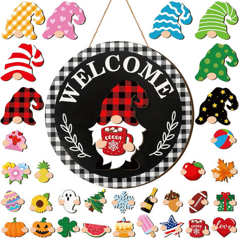 https://amzn.to/3RSCbeS Welcome Sign Front Door Interchangeable, Round Door Hangers Interchangeable, Interchangeable Gnome Welcome Sign, Seasonal Door Hangers Interchangeable, Interchangeable Welcome Sign, Welcome Sign With Interchangeable Pieces, Gnome Decorations, Tray Decoration, Diy Gnome