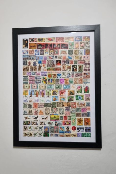 Postage stamp collections presented in a black frame. Postage Stamp Art Ideas, Postage Stamp Display, Stamp Collection Display, Stamp Collection Ideas, Stamp Display, Postage Stamp Collage, Making A Collage, Cozy Crafts, Postage Stamps Crafts