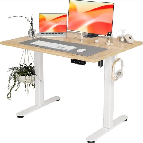 INNOVAR Solid Wood Standing Desk, Adjustable Height Electric Stand up Desk with Whole Piece Desktop, 40x24 Inches Sit Stand Home Office Desk White Frame/Natural Top Office Desk White, Desk With Keyboard Tray, White Desk Office, Electric Standing Desk, Ergonomic Desk, Stand Up Desk, Sit To Stand, Adjustable Standing Desk, Sit Stand Desk