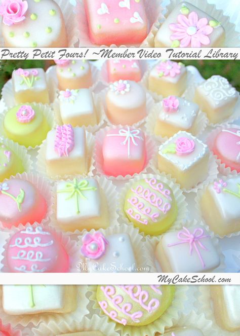 Pretty Petit Fours Video Tutorial (for members)~MyCakeSchool.com! Petit Four Glaze, Petit Four Glaze Recipe, Petit Four Icing, Petit Four Recipes, Dolci Finger Food, Mini Torte, Tiny Cakes, Cake Mini, Tea Party Food