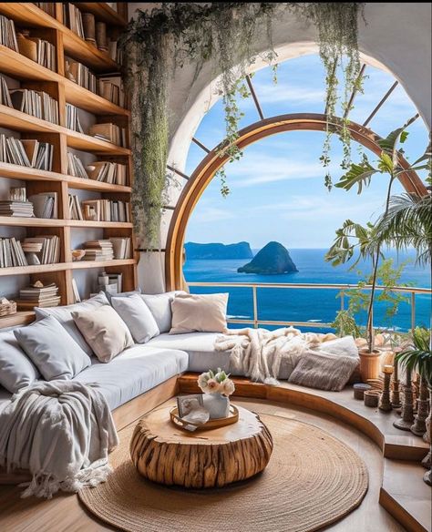 Beautiful library lounge bookshelves, ocean water view Beach House Library, Cottage House Design, Beach Library, Vastu House, Casa Country, Dream Interior, Home Library Design, Casa Vintage, Fantasy Homes