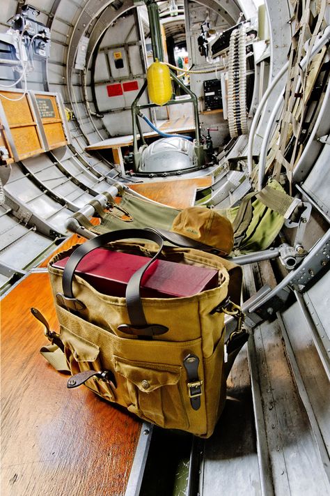 Filson Bag and hat in a aircraft fuselage. Filson Bag, Filson Bags, Denim Street Style, Field Bag, Army Surplus, B 17, Cool Gear, Leather Crafts, Vintage Bags