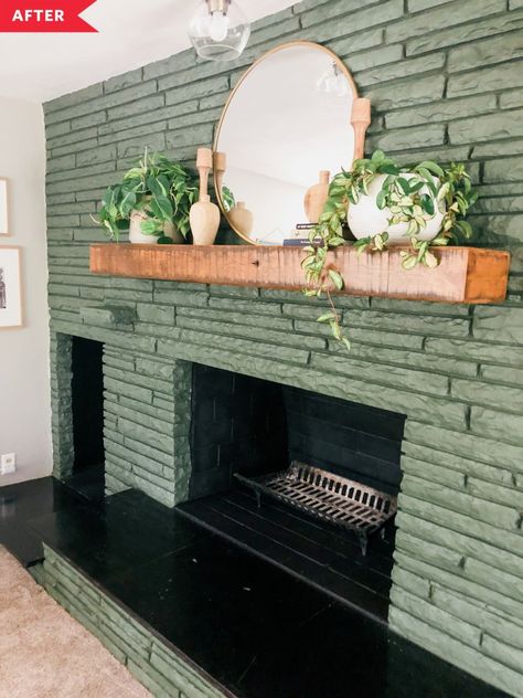 The green color brightened up the once-dull fireplace, and helped bring out the warm wood tones of the mantel, too. #beforeandafter Sage Green Fireplace, Green Brick Fireplace, Fireplace Upgrade, Green Fireplace, Painted Stone Fireplace, Fireplace Redo, Painted Brick Fireplace, Painted Brick Fireplaces, Paint Fireplace