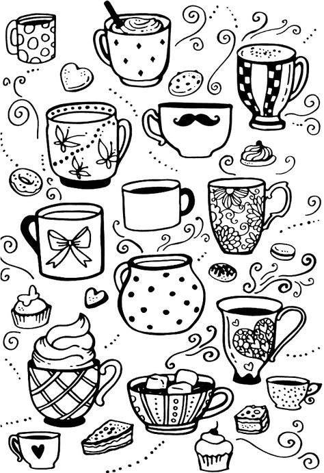 Coffee Coloring Pages – coloring.rocks! Tea Cup Doodle Drawings, Mug Coloring Page, Coffee Cup Doodle, Cupcake Doodle, Tea Doodle, Mug Doodle, Coffee Doodles, Cup Doodle, Doodle Mug