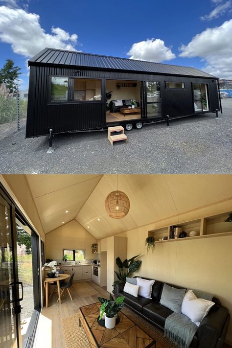 Long Black Tiny House is the Most Exquisite Single-Level Dwelling Tiny House Single Story, Tiny Home One Level, Tiny House One Level, One Story Tiny House, Black Tiny House, Tiny House Exterior, Tiny House Interior Design, King Sized Bedroom, Compact House