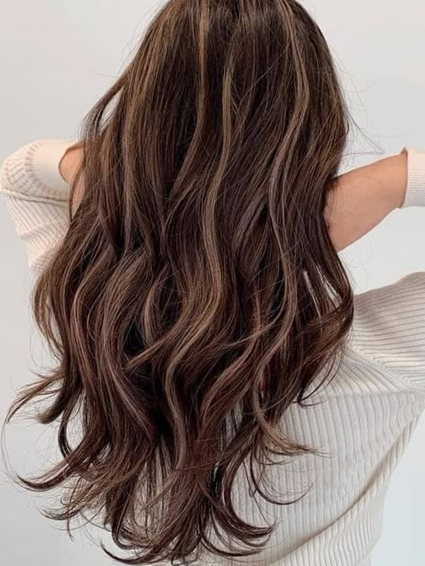 Muted Brown Balayage for Wavy Hair Natural Hair Color Asian, Highlights Wavy Brown Hair, Top Layer Highlights, Hair Dye Ideas For Wavy Hair, Korean Highlights Hair Color, Wavy Hair Dye Ideas, Brown Wavy Hair With Highlights, Muted Brown Hair, Wavy Hair Highlights