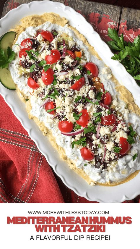 Mediterranean Hummus with Tzatziki - PIN Mediterranean Hummus, Delicious Dips, Delicious Dips Recipes, Easy Dips, Dip Recipes Easy, Light Snacks, Yogurt Sauce, Mediterranean Cuisine, Yummy Dips