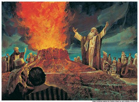 Elijah Contends against the Priests of Baal by Jerry Hairston. 1 Kings 18:17-40 Elijah And The Widow, 1 Kings 17, The Gift Of Prophecy, 1 Kings, Bible Images, Bible Pictures, False Prophets, Biblical Art, Christian Songs