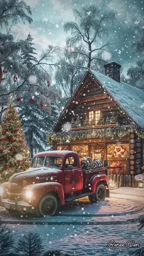 Christmas Cabins, Old Truck Photography, Cozy Country Christmas, Truck Photography, Winter Christmas Scenes, Christmas Videos, Christmas Red Truck, Mountain Cabins, Winter Things