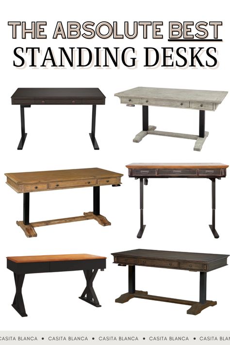 Standing Desk Home Office Design, Wood Standing Desk, Sit Stand Desk Home Office Layout Rustic, Home Office Standing Desk Ideas, Rustic Standing Desk, Standinf Desks, Stylish Standing Desk, Standing Desk Home Office, Home Office Black Standing Desk