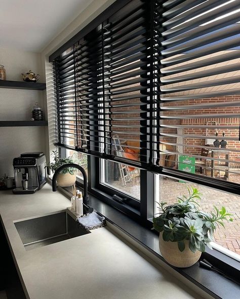 Elegant Window Treatments, Modern Kitchen Window, Blinds For Windows Living Rooms, Black Blinds, Living Room Layout, Dining Room Combo, Living Room Partition Design, Living Room Partition, Room Partition Designs