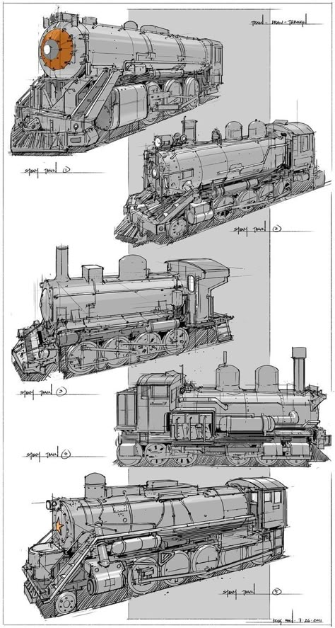 Feng Zhu Design Concept Art, Train Concept Design, Train Design Concept, Train Concept Art, Engine Sketch, Mechanical Design Drawings, Vehicle Design Concept, Train Reference, Sketched Art