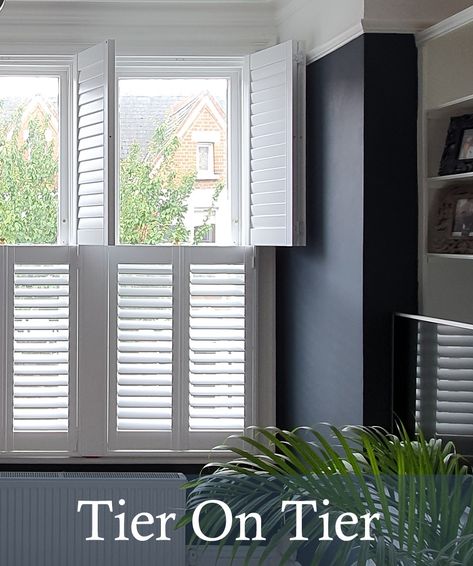 Tier On Tier Window Shutters Tier On Tier Shutters, Window Shutter Blinds, White Shutter Blinds, Large Windows Living Room, Shutters For Windows, Door Treatments, Small Bedroom Layout, White Shutters, Diy Shutters