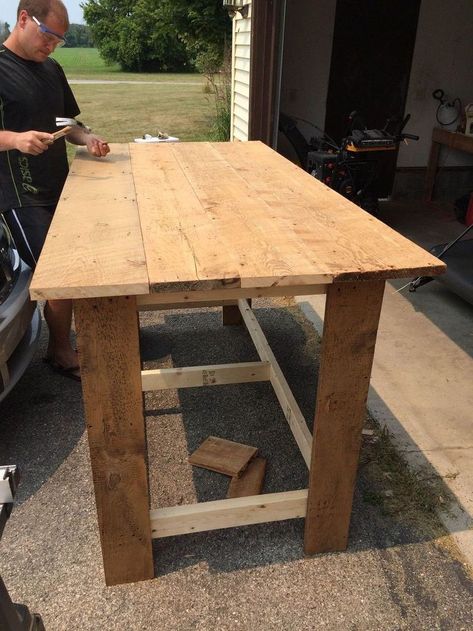 DIY kitchen island from barn wood #pallet #reclaimed-wood #diy #build #tables #dresser-drawers #bar #kitchen-iisland #kitchen-table #farmhouse #design #distressed-wood #wood-working #familytipsandquips familytipsandquips.com Diy Rustic Kitchen, Kitchen Island Makeover, Builder Grade Kitchen, Rustic Kitchen Island, Farmhouse Kitchen Island, Wood Kitchen Island, Kitchen Island With Seating, Kitchen Remodel Before And After, Diy Kitchen Island