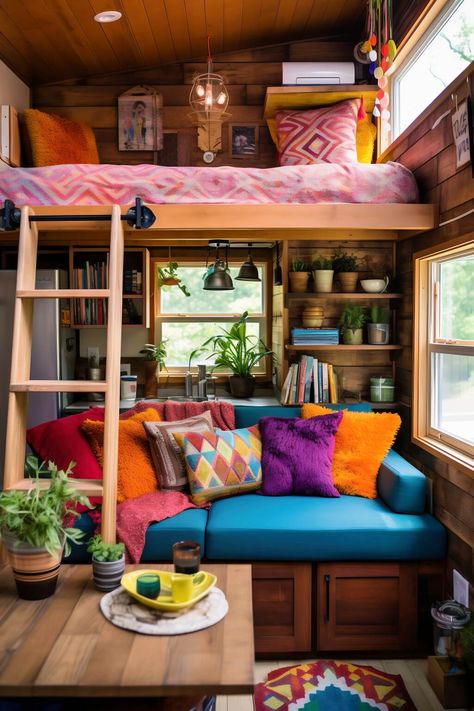 Eclectic Tiny House, Tiny House Rustic Interior, Maximalist Tiny House, Rustic Kitchenette, Bohemian Tiny House, Rustic Tiny House Interior, Boho Tiny House, Tiny House Concept, Bohemian Cabin