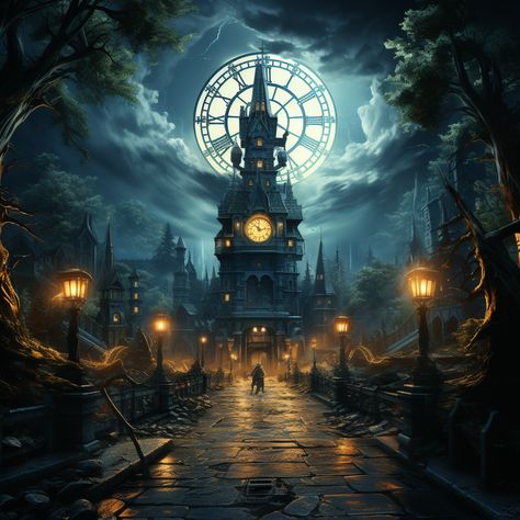 Clock tower in a dark environment, center. Clock displayed. Tall tower, surrounded by dark forest. Street lamp on left illuminating. Foreground: black car close-up. Visible body, and a prominent door handle. Person walking down dark path. Fantasy Clock Tower, Normal Background, Person Walking, Dark Environment, Big Clock, Brace Face, Messi Photos, Game Environment, City Scene