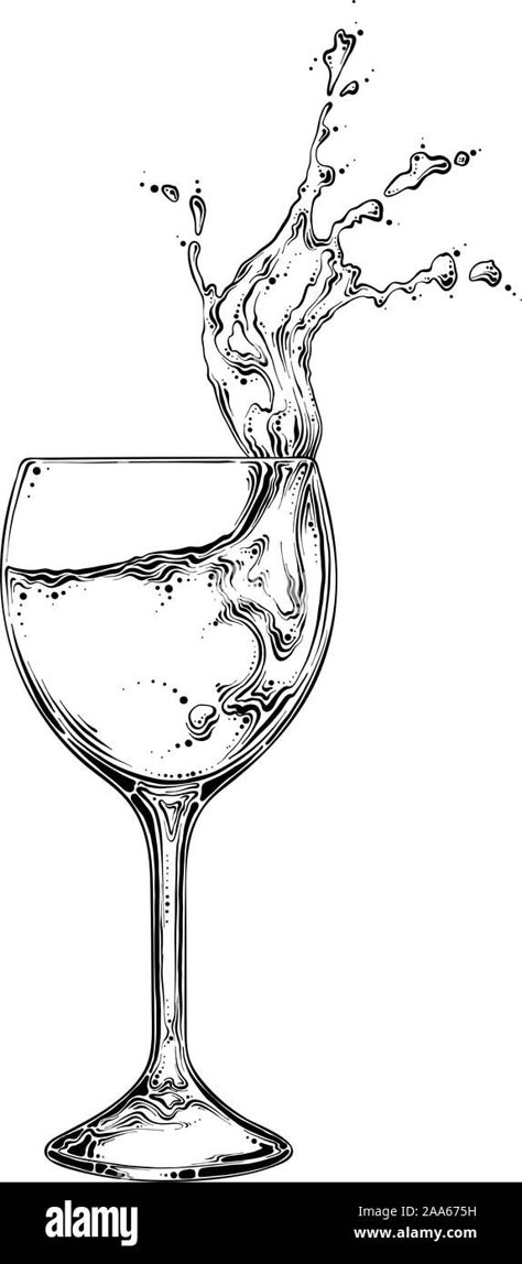 Download this stock vector: Hand drawn sketch wineglass with spray of liquid in black color. Isolated on white background. Drawing for posters, decoration and print. Vector - 2AA675H from Alamy's library of millions of high resolution stock photos, illustrations and vectors. Drink Sketch Drawings, Wine Bottle Pouring Into Glass Drawing, Wine Bottle Drawing, Liquid Drawing, White Background Drawing, Wine Glass Illustration, Wine Vector, Wine Glass Drawing, Globe Drawing