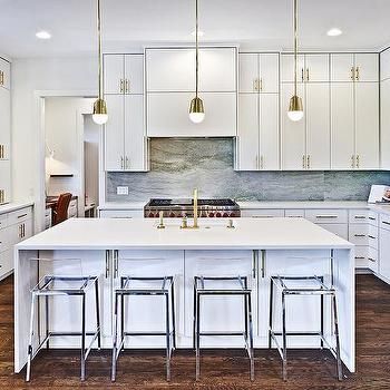 L Shaped Kitchen With Island Layout, L Shaped Kitchen With Island, Kitchen With Island Layout, Gold Kitchen Hardware, Island Layout, Acrylic Hardware, Acrylic Bar Stools, Beautiful White Kitchens, Rustic Bar Stools