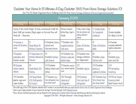 Here's the January 2015 declutter calendar with a daily 15 minute decluttering and organizing mission for each day of the month. Also includes a printable calendar. Misc Organization, Decluttering Calendar, Declutter Calendar, Declutter List, Declutter 365, Clutter Bug, Cleaning Checklists, Office Organizing, Decluttering Tips