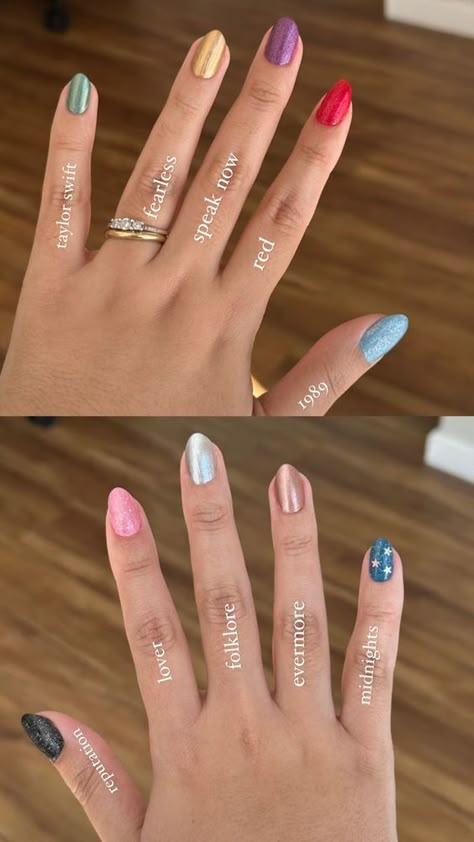 Taylor Swift Era Nail Ideas, Hair Up For Concert, Ears Tour Nail, Taylor Swift Nails Era Tour, Taylor Swift Chrome Nails, Ts Eras Tour Nails, Purple Speak Now Outfits, Eras Nail Ideas, Eras Tour Acrylic Nails