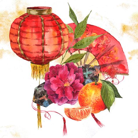 Creations Ceecee, Chinese New Year Background, Aquarelle Painting, Chinese Illustration, Chinese New Year Design, New Year Art, Food Stock, Chinese Lantern, Watercolor Background