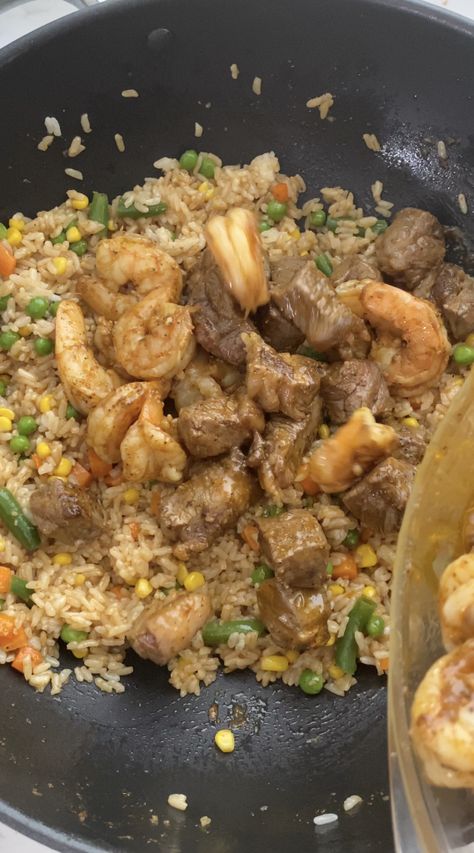 Surf And Turf Hibachi Burrito, Shrimp And Steak Fried Rice Recipe, Steak And Shrimp Fried Rice Recipe, Surf And Turf Fried Rice, Surf And Turf Burrito, Shrimp And Steak Fried Rice, Steak And Shrimp Fried Rice, Chicken And Shrimp Rice, Surf And Turf Recipes